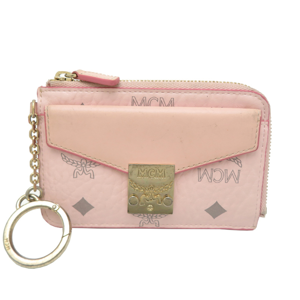 MCM Visetos Zip Business Card Holder/Card Case for Women, Monogram Pink